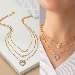 NEW 3 Layered Arrow, Faux Pearl, Rhinestone Heart Pendant Dainty Necklace Gold